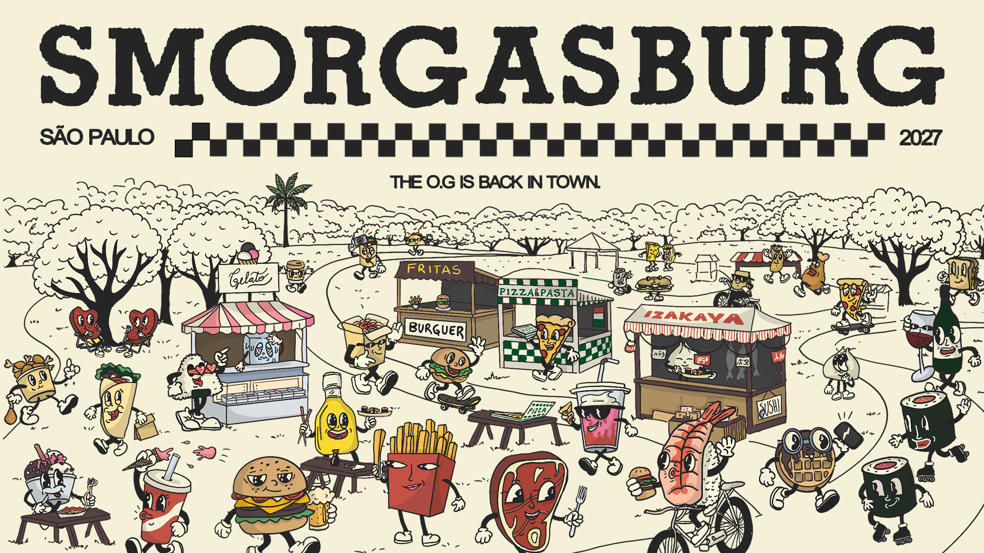 Festival ilustrado com barracas de comida e personagens de hambúrguer, pizza, sushi e sorvete no parque